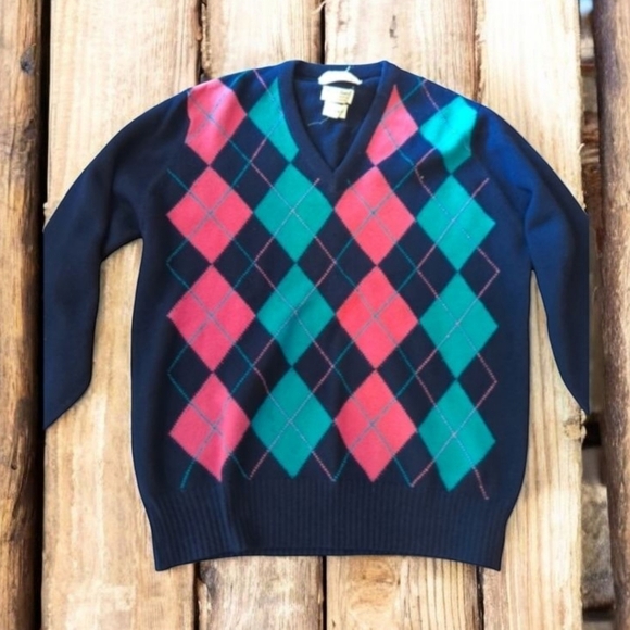 Vtg Argyle 100% lambswool navy Scottish eclectic grandpa neck sweater sz M - Picture 1 of 10